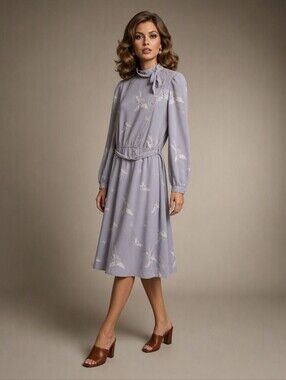1970s Vintage Light Gray Floral Tie-Neck Midi Dress